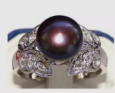 9mm Noblest Natural Black Akoya Cultured Pearl Butterfly Ring Size:7 8 9