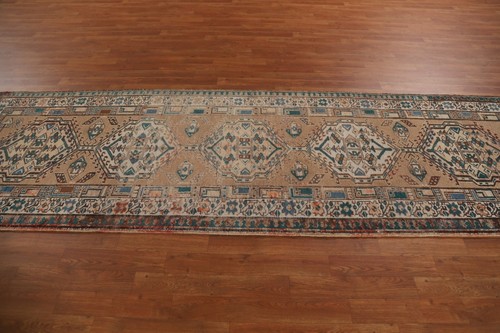 Vintage Brown Geometric Ardebil Runner Rug 3'x11' Wool Handmade Tribal Carpet - Picture 10 of 12