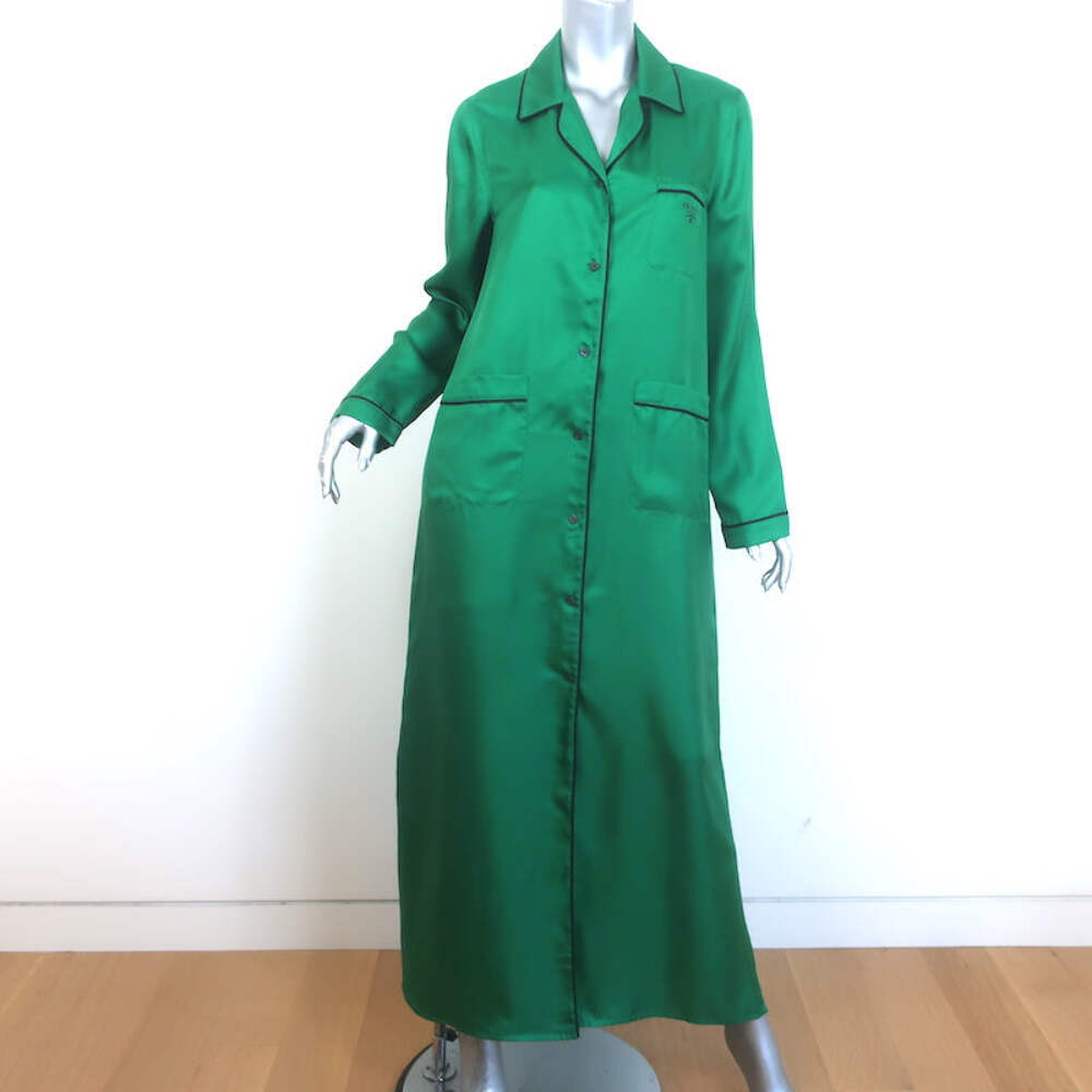 【プラダ・PRADA】Silk twill robe Prada Pajama Shirtdress Robe Green Silk Twill Size 40 Belted