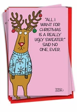 12 Funny Merry Christmas Cards Bulk (1 Design, 12 Cards) - Ugly Sweater Reindeer