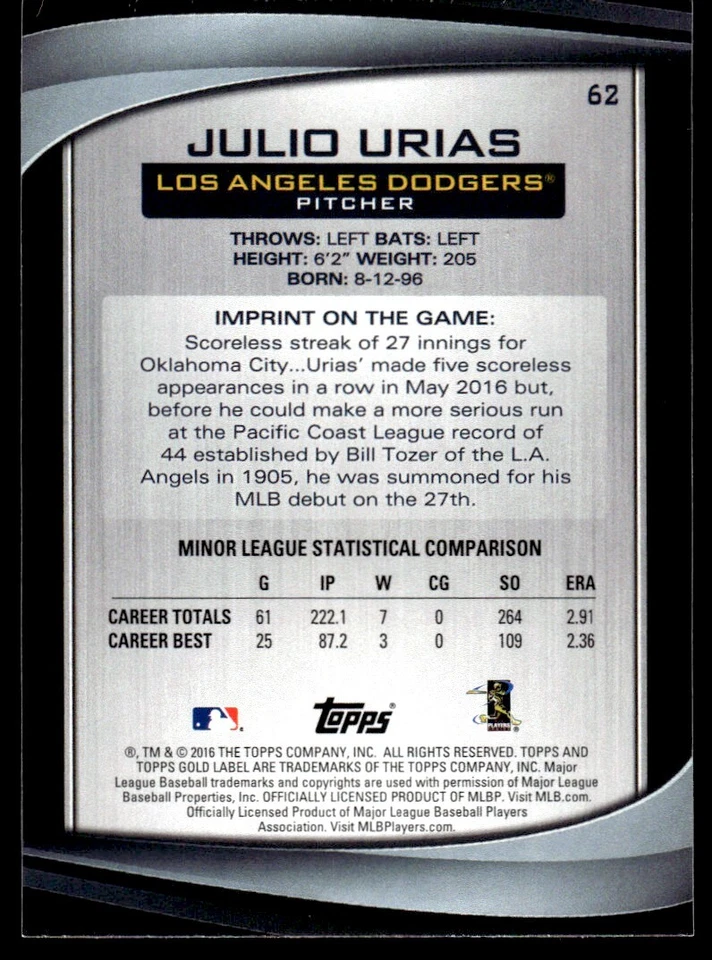 2016 TOPPS GOLD LABEL ROOKIE CLASS 1 JULIO URIAS - Image 2 of 2