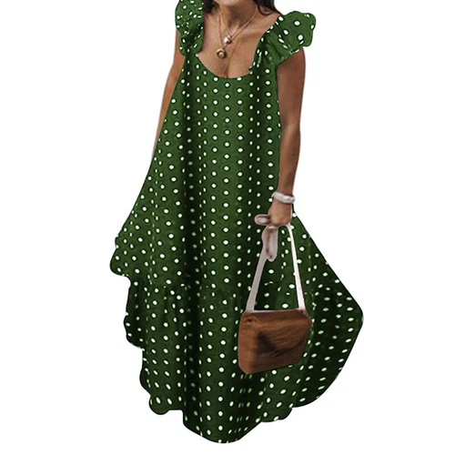 Abito lungo donna smanicato prendisole donna bohemien a pois maxi dress - Foto 8 di 18