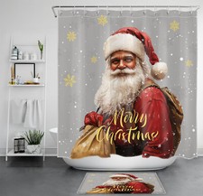 Cute Santa Claus and Snowflake on Grey Shower Curtain Bathroom Accessories Set