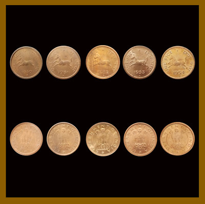 India 1 Pice (5 Pcs Full Coin Set), Horse 1950 1951 1952 1953 1954 Unc 