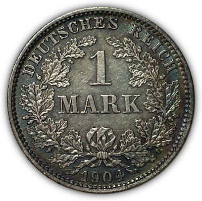 1904-E Germany 1 Mark Rainbow Toning Choice Almost Uncirculated AU+ Coin #19415