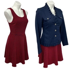 INC Blazer Dress Womens Small Jersey Knit Pleat Ruffle Jacket Red Stripe Work