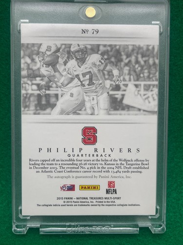 2015 Philip Rivers NC State Chargers National Treasures Signatures Auto #79 4 /5 - Afbeelding 3 van 3