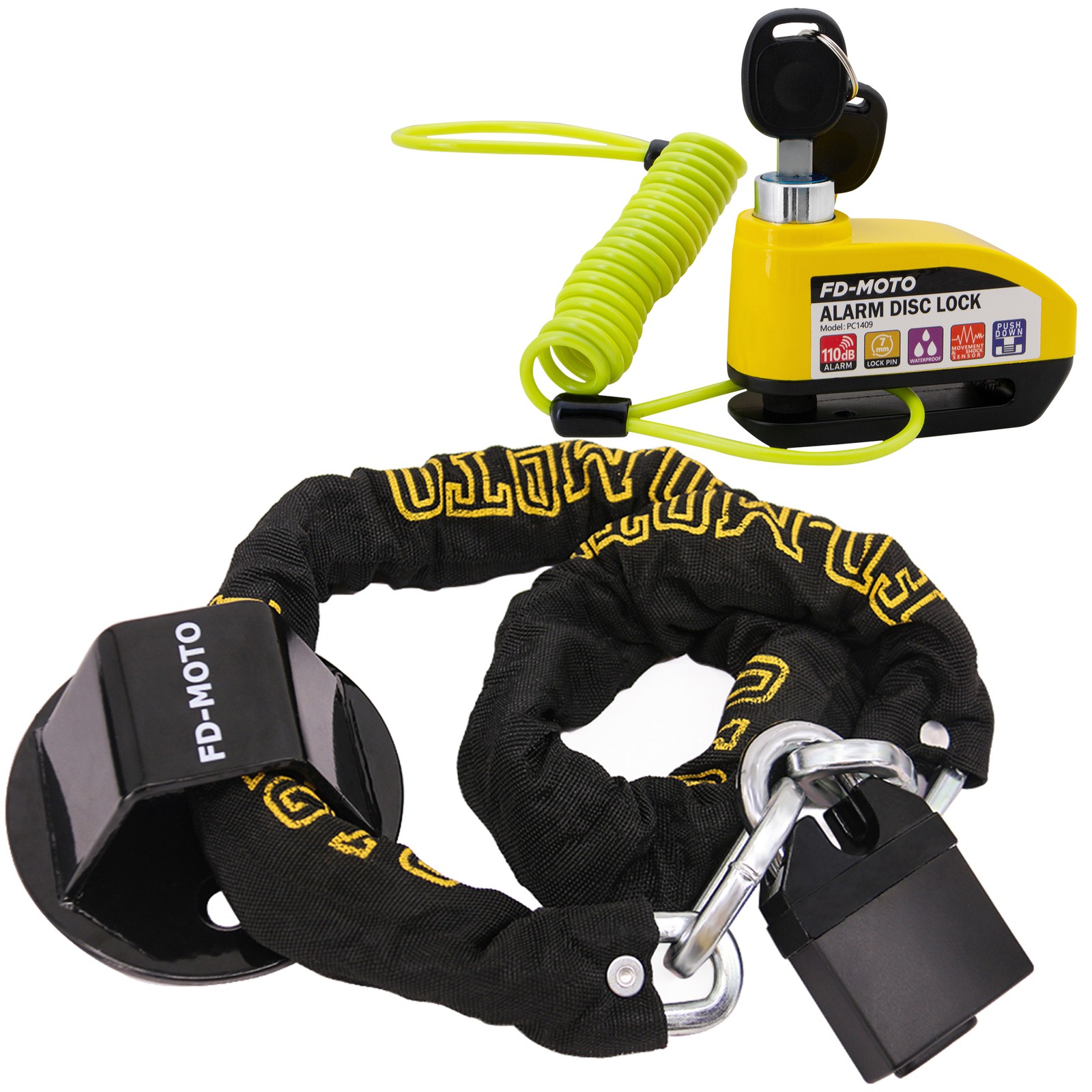 FD-MOTO Motorbike CE Alarm Disc Lock & 1.2M*10mm Chain Pad Lock & Ground Anchor