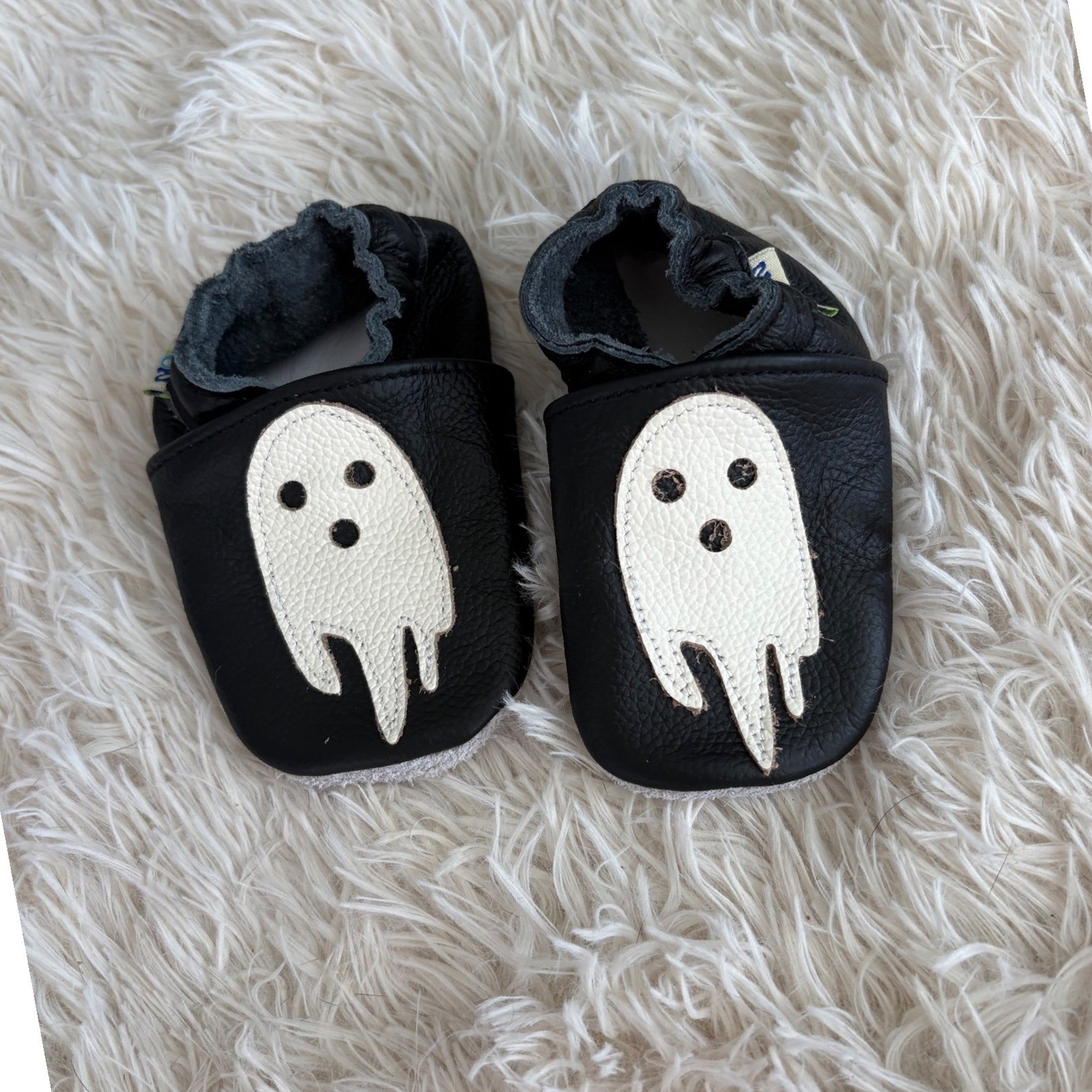 Yalion Baby Moccasins Black Leather Ghost Applique Halloween Costume Shoes