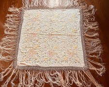 A stunning vintage embroidered silk piano scarf/shawl hand knotted fringe