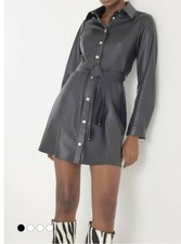River Island Black Faux Leather Belted Collar Shirt Mini Dress Size 14 New Tags