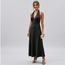 Lulus Halter Maxi Dress Women XL Black Deep V-Neck Open Back Satin Look