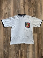 Vintage 90  s Lightning Bolt Shirt Surf Beach Waves White Gray Striped Large USA