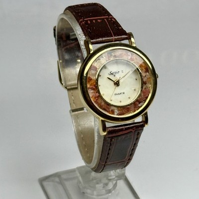 Sergio Womens Watch Gold Tone Case Mother of Pearl Dial Embossed Bands New Batt