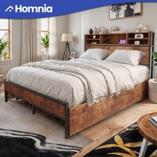 Queen Size Bedroom Bed Frame with USB Charging Ports Headboard Storage & Drawers