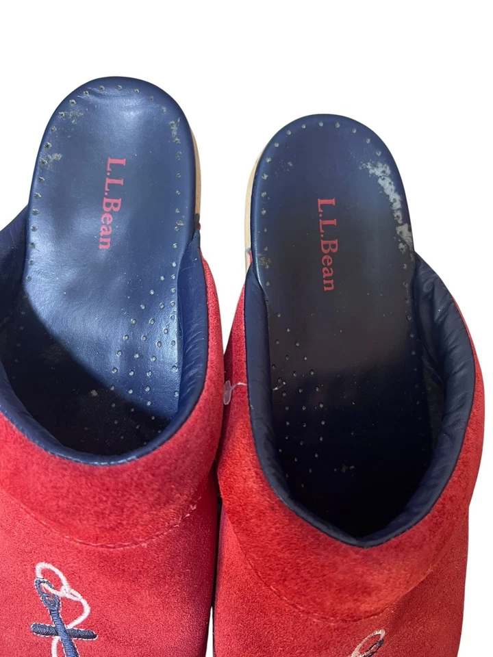 L L Bean Women’s Embroidered Anchor Red Suede Slides Clogs Mules Size 9 M Wood - Image 4 of 4