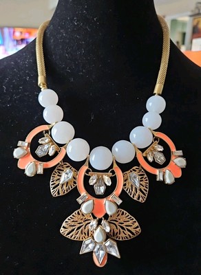 Stella & Dot Riviera Gold Tone Leaf Rhinestone Orange Enamel  Statement Necklace