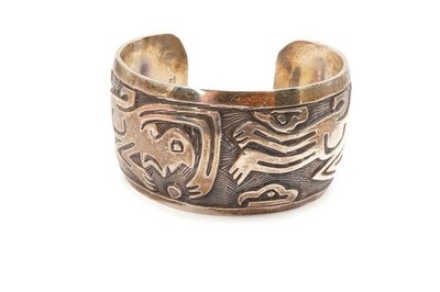 Vintage Mexico Sterling Silver 925 Aztec Cuff Bracelet 6.5