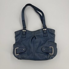 B Makowsky Blue Leather Shoulder Bag Tote Handbag Buckle Accent