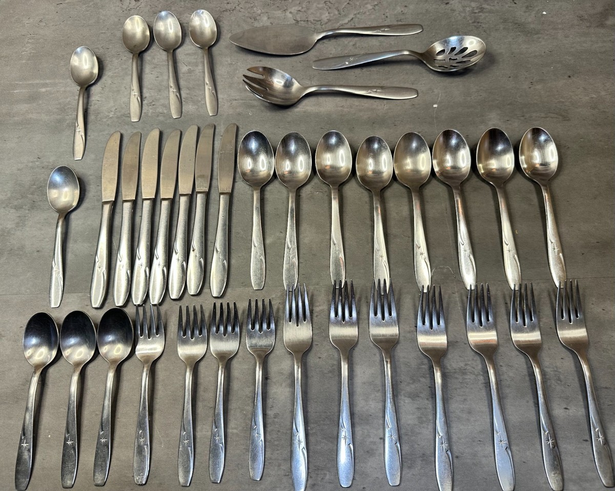 Vintage Wallace USA Stainless Flatware Set Starburst Atomic Mid