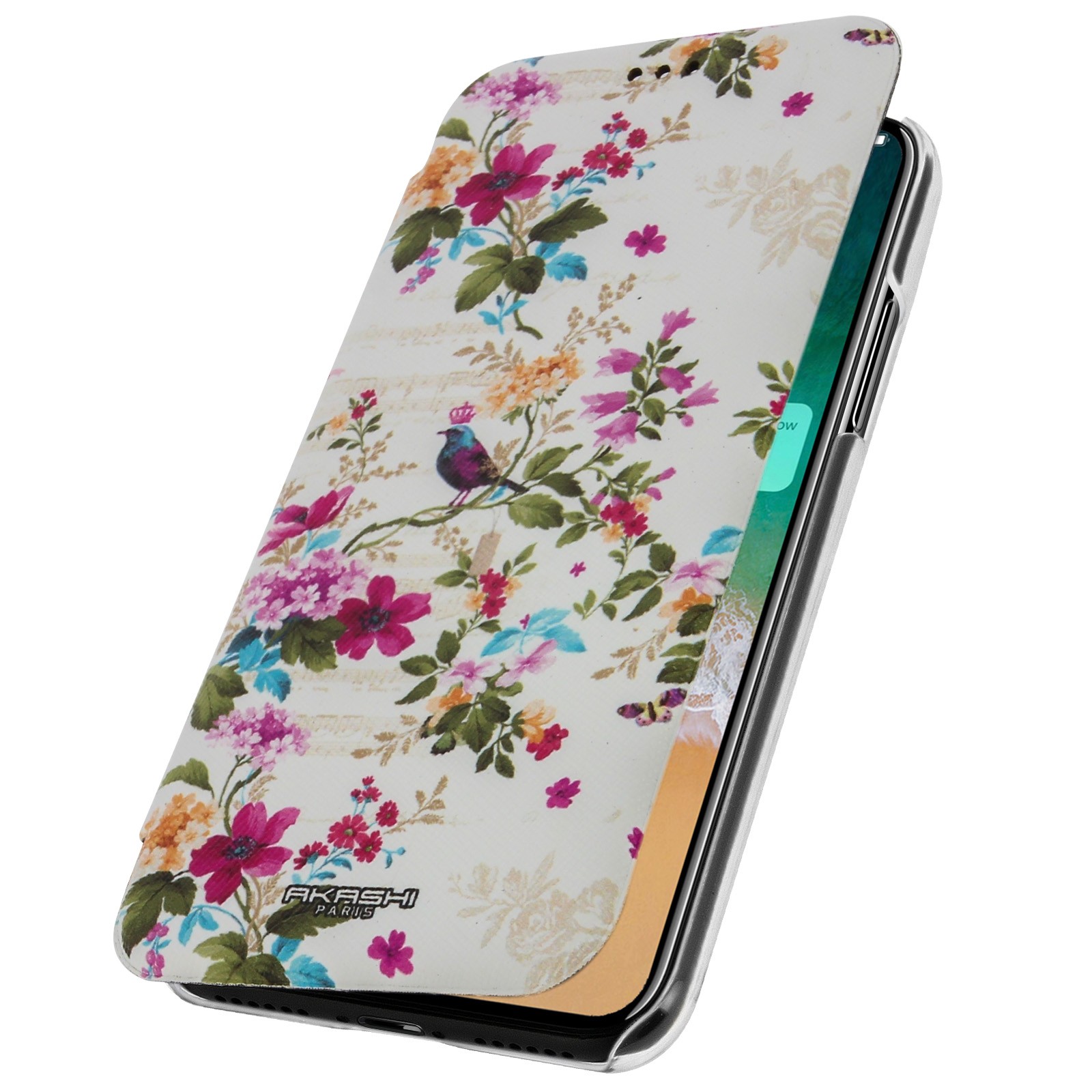 Protection iPhone X portefeuille Akashi motif oiseau housse blanche antichoc