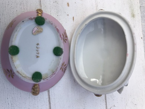 Vtg Porcelain Candy Trinket Dish Pink Roses Gold Pedestal Finial Lid Edwardian - Picture 13 of 14