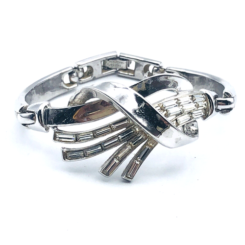 Vintage TRIFARI Art Deco Stil Armband Rhodium Baguette Strass Bracelet - Bild 2 von 13