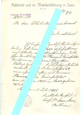Stern, Prof. Dr. Simon (1891-1939, Rabbiner, Originalschreiben Saaz, 4. Juli 190