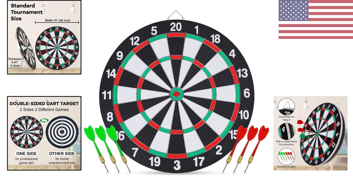 15 Inch Dart Board Set - Double-Sided Game with 6 Steel-Plastic