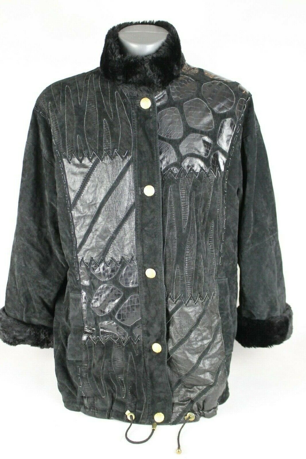 Vintage 90's Dino'z Black Suede & Faux Fur Jacket Coat Leather Pattern  Front 14