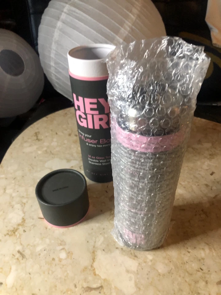 Botella infusora de té de vidrio Hey Girl 14 oz doble pared aislada acero inoxidable nueva en caja Foto 3 de 4