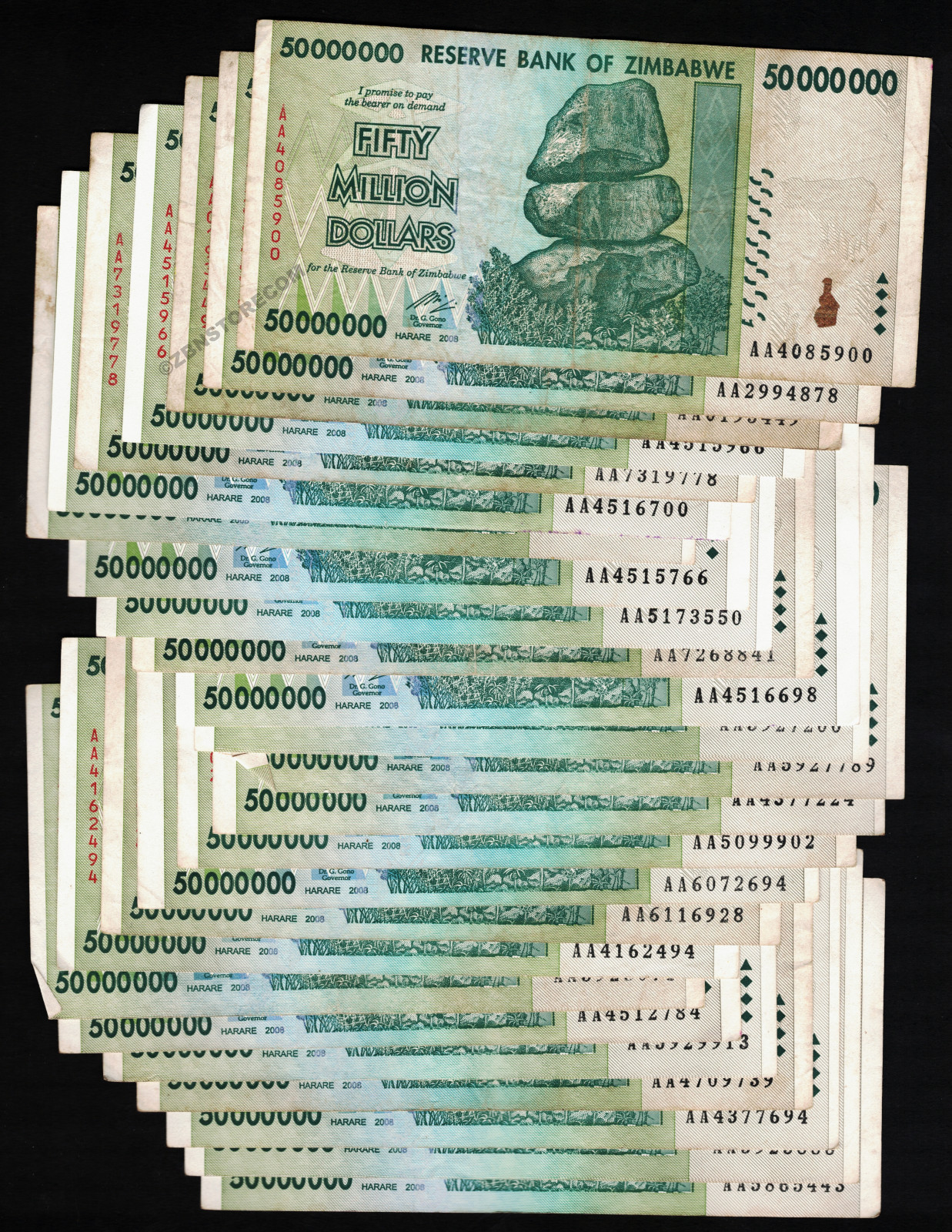 50 Million Zimbabwe Dollars x 25 Banknotes Lot 25PCS Authentic AA 2008