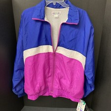 Vintage Retro Windbreaker Jacket Large Full Zip Nylon Blue Pink Marina Bay Nwt