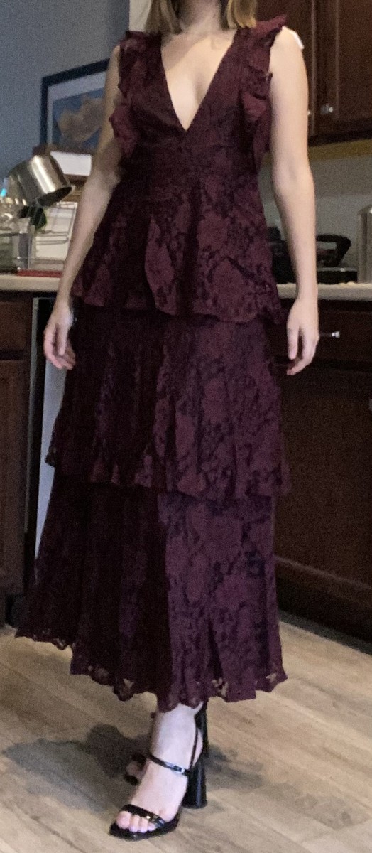 Lulu's Molinetto Sleeveless Burgundy Lace Ruffled Tiered Maxi Dress Size S  NWT