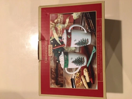 Spode Set of 2 14oz Mugs w/Spoons  Christmas Tree Pattern For Macy’s NIB
