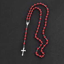 Catholic Rosary Beads Silver and Red Crucifix Necklace Jesus Cross Rosary