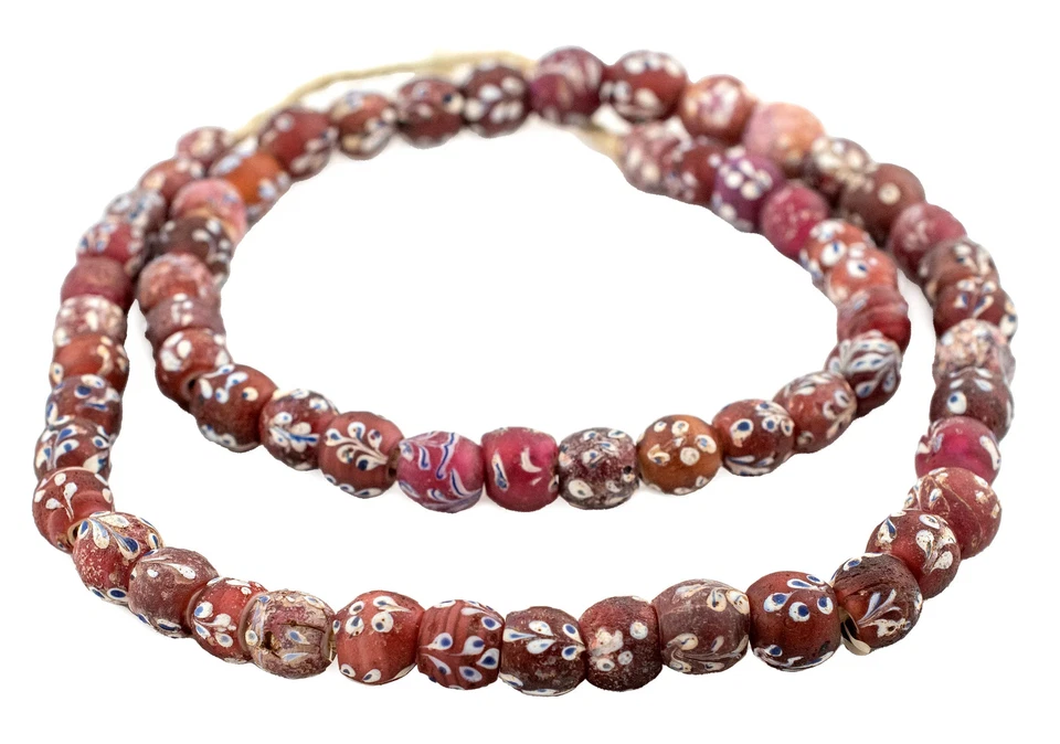 Antique Venetian Flower White Heart Beads 11mm Ethiopia African Red Round Glass - Image 3 of 4