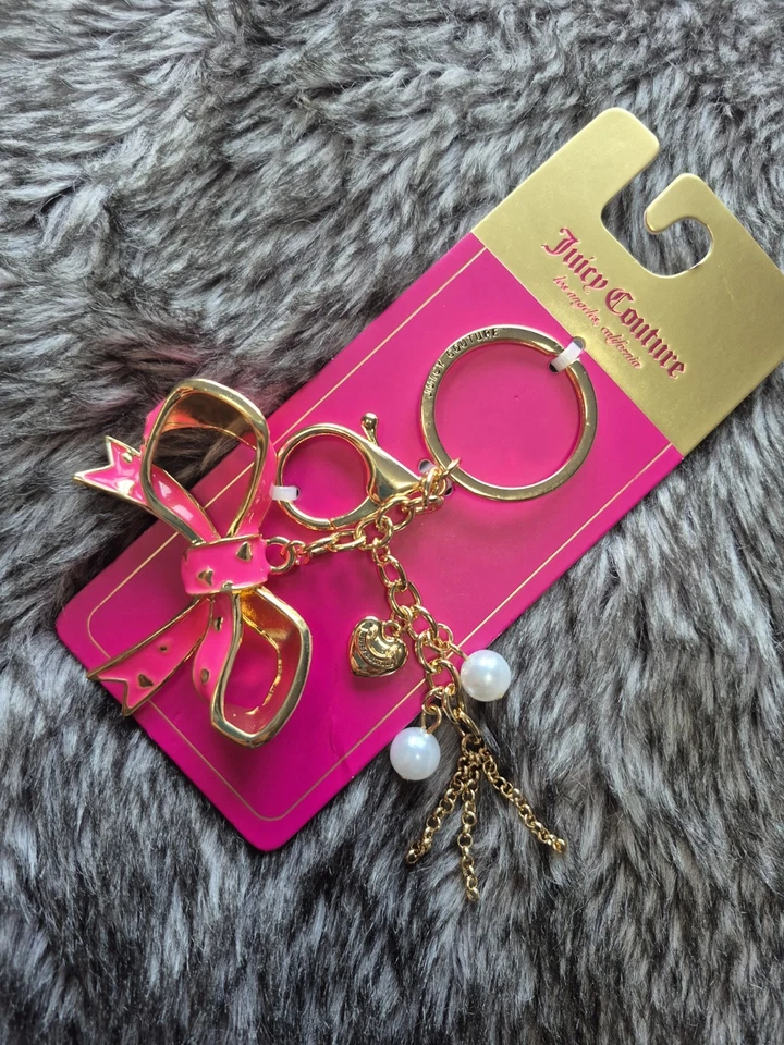 Juicy Couture Hot Rosa Esmalte Arco Corazones y Perlas Bling Bolso Dije Llavero Nuevo Foto 3 de 4