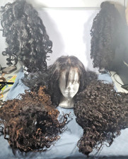 100 Human Hair Mix Wig Long Deep Wave Curly Lace Brown Black Full Bangs 5pcs