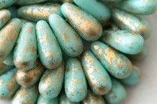 25 - 6x13mm Classic Czech Glass Drop Beads -Mint Green with Gold Flecks