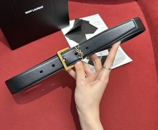 Yves Saint Laurent Genuine Black Calfskin Gold YSL Logo Women's Belt 30mm