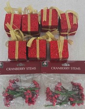 Christmas Picks 12 Cranberry Stems-7 Glitter 2in Square Red Gift Boxes-All New