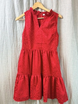 Avara Dress Womens XS Red Jacquard Fit Flare Ruffle Neck Tiered Party  Cocktail | eBay