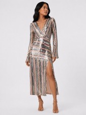 RIXO Tyra Multicolor Sequin Stripe Midi Dress with Slit Size S NEW