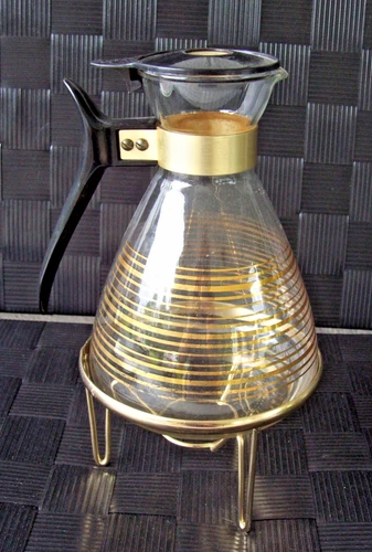 Vintage Pyrex MCM Gold Banded Glass Coffee Carafe with Lid & Metal Warming Stand