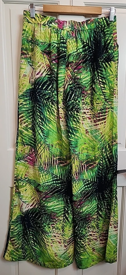 XOXO 绿色/黄色/粉色波西米亚裤子女式 M 码 29x32.5 叶子图案 106-35403 — 第 4/4 张图片