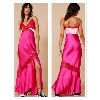 Nasty Gal Satin Lace Trim Maxi Slip Dress Pink Red Boudoir Coquette Y2K 4 NEW