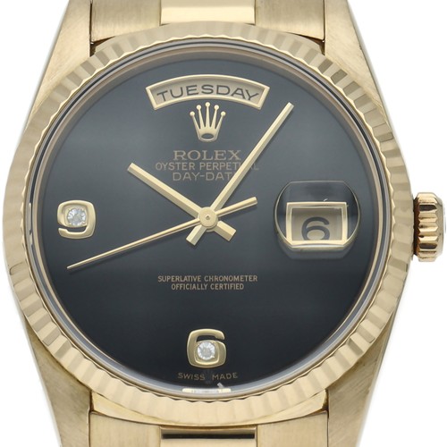 ROLEX Day-Date Watch with 2 Diamonds and Onyx Dial 18238 2BR(W) 18K Yellow G...