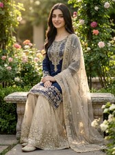 PUNJABI SHARARA BLUE COLOR KURTI PLAZZO SALWAR KAMEEZ WOMEN READY MADE DESIGNER