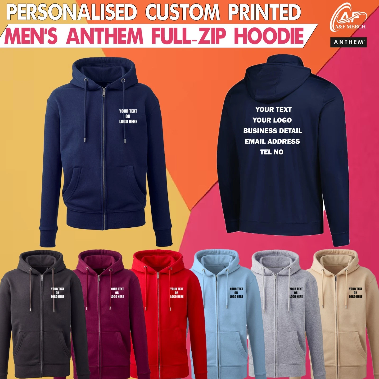Personalised Custom Printed Anthem Full Zip Hoodie Text Logo Unisex Workwear